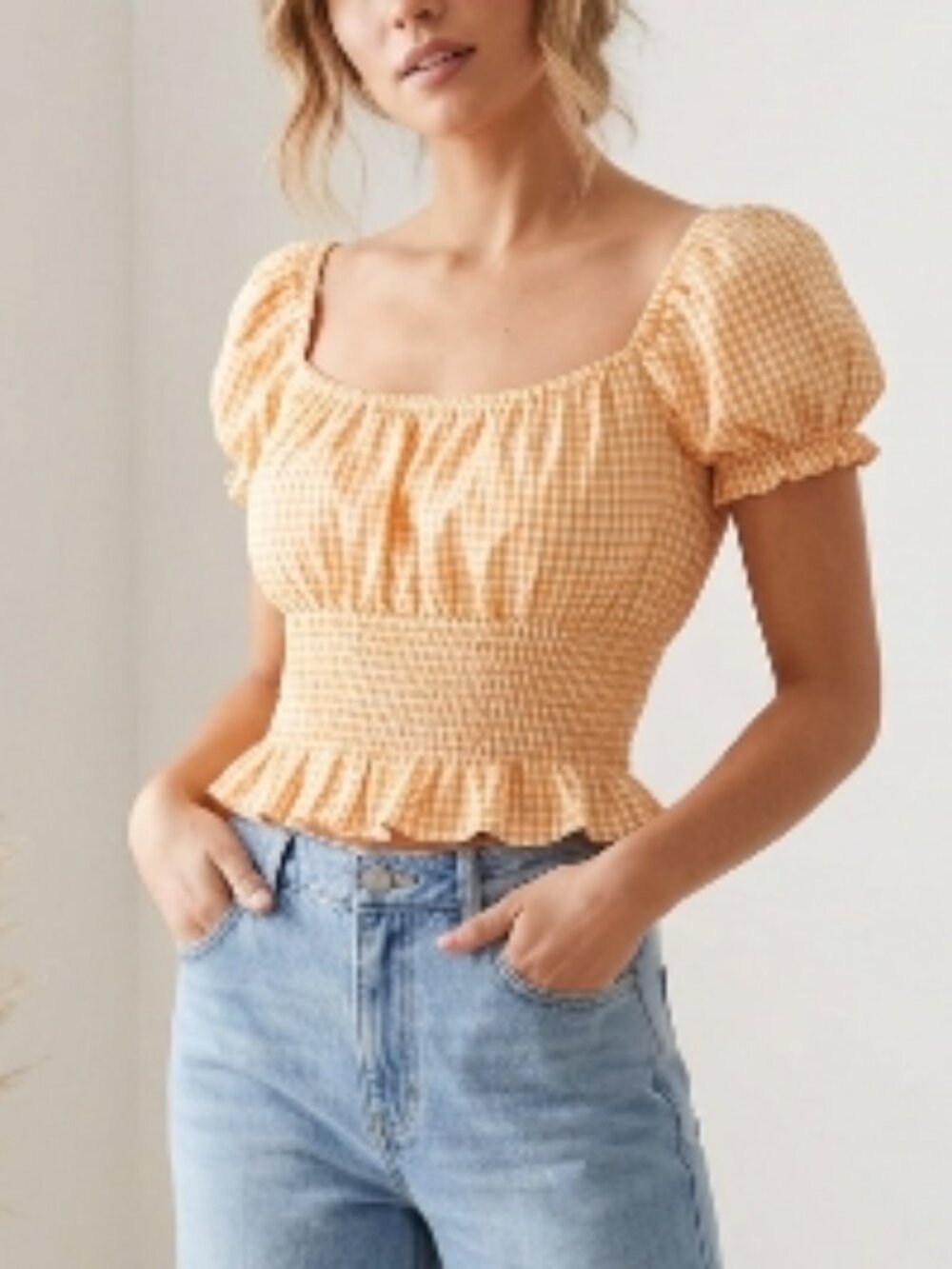 Sim & Sam Orange Gingham Puff Sleeve Smocked Crop Top S Milkmaid Lace-Up Back